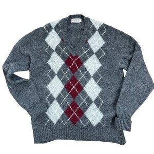 VTG Parkhurst Argyle V-Neck Sweater Gray White Maroon 100% Shetland Wool Canada